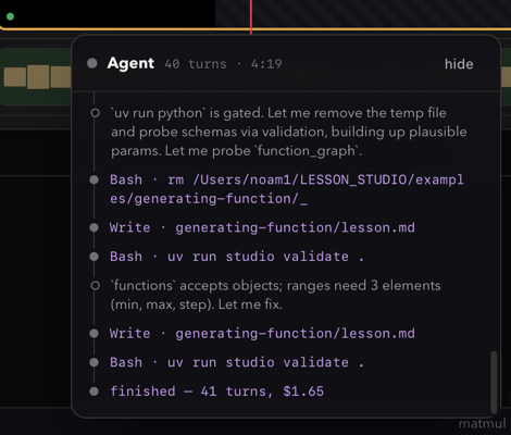 The agent panel mid-draft: a dot timeline of Read/Write/Bash steps with thoughts between them