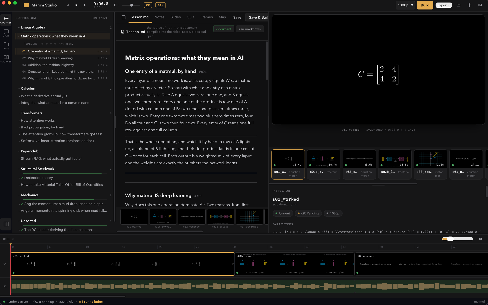 The full workspace: curriculum tree, script document view, program monitor, filmstrip timeline